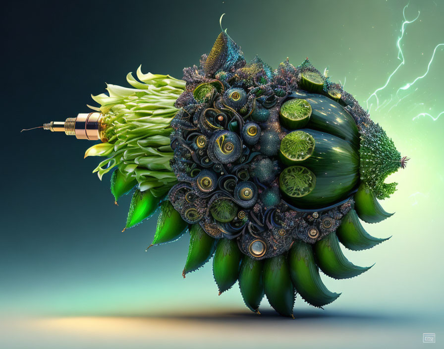 Surreal artwork: Vegetables and sea creatures merge into submarine with syringe