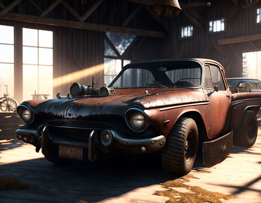 Rusty vintage modified car with large engine in sunlit barn