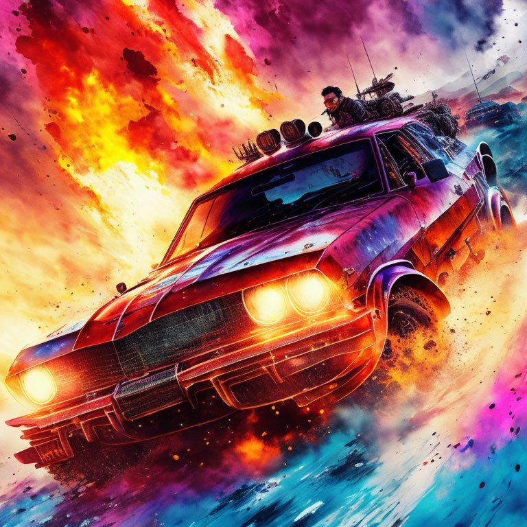 Person on speeding car with explosions and colorful sky