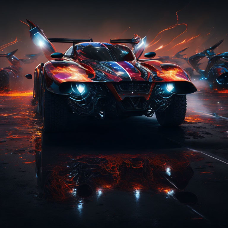 Futuristic car with glowing lights, neon swirls, and motorcycles in dark setting