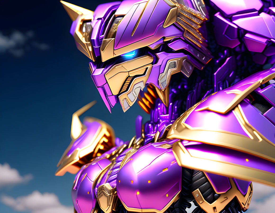 Shiny Purple and Gold Robotic Armor with Glowing Blue Eyes