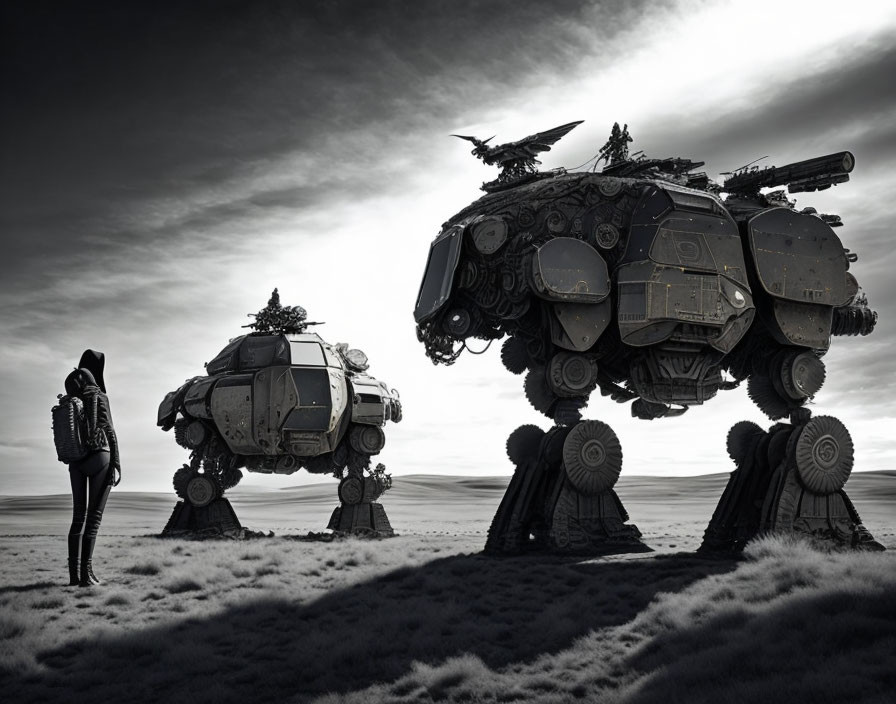 Futuristic tanks with mechanical legs on barren landscape