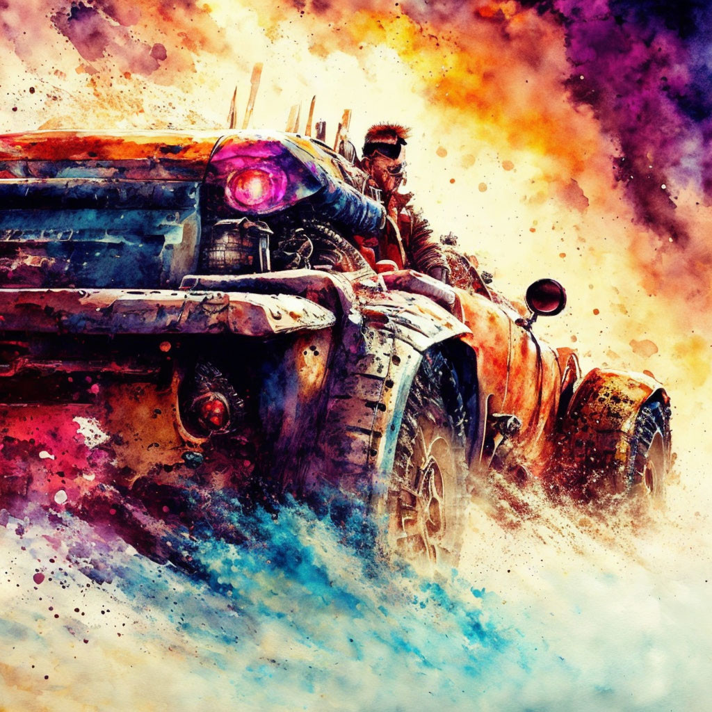 Colorful Artwork: Man Driving Futuristic Car in Explosive Dust Clouds