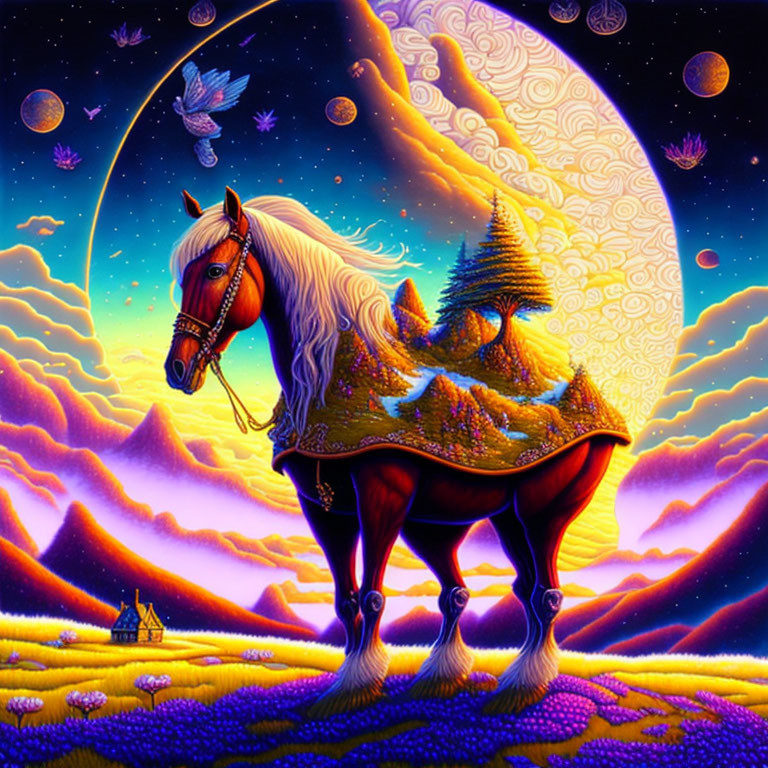 Surreal horse illustration with landscape on body in cosmic setting