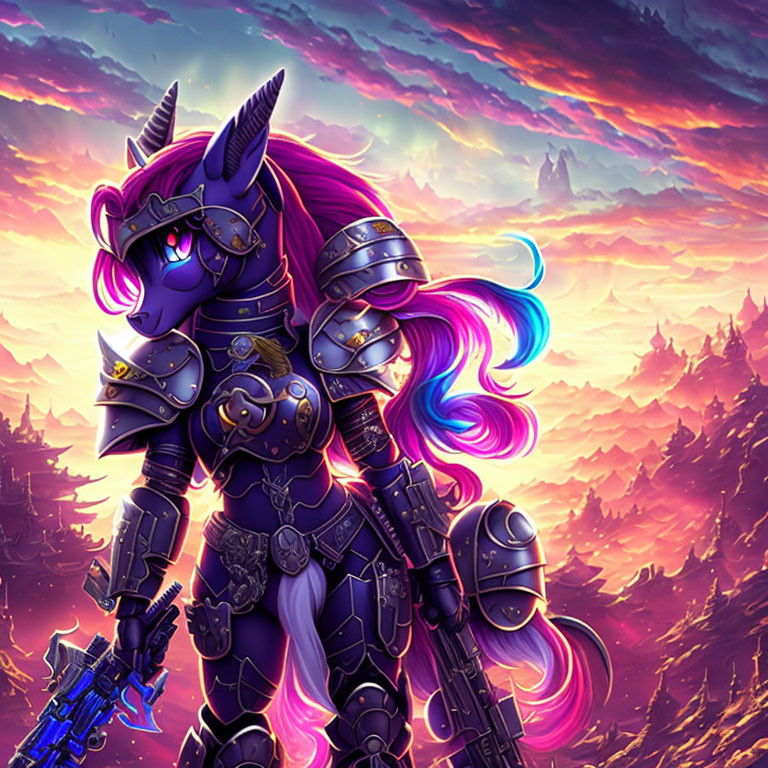 Armored unicorn with purple mane in sunset scene