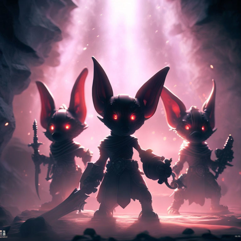 Stylized menacing creatures with glowing red eyes in misty pink-lit cavern