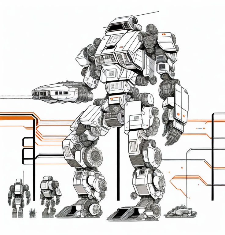 Detailed Black and White Mechanized Robot Illustration with Abstract Background