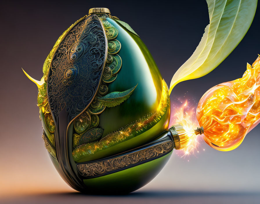 Green ornate grenade with gold details and leaf attachment.