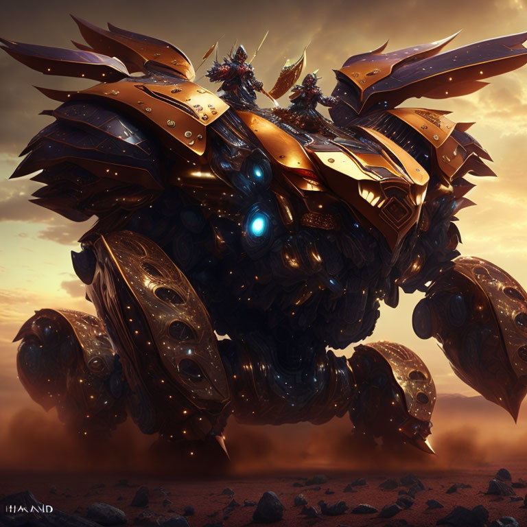 Gigantic robotic creature in golden armor under dusky sky