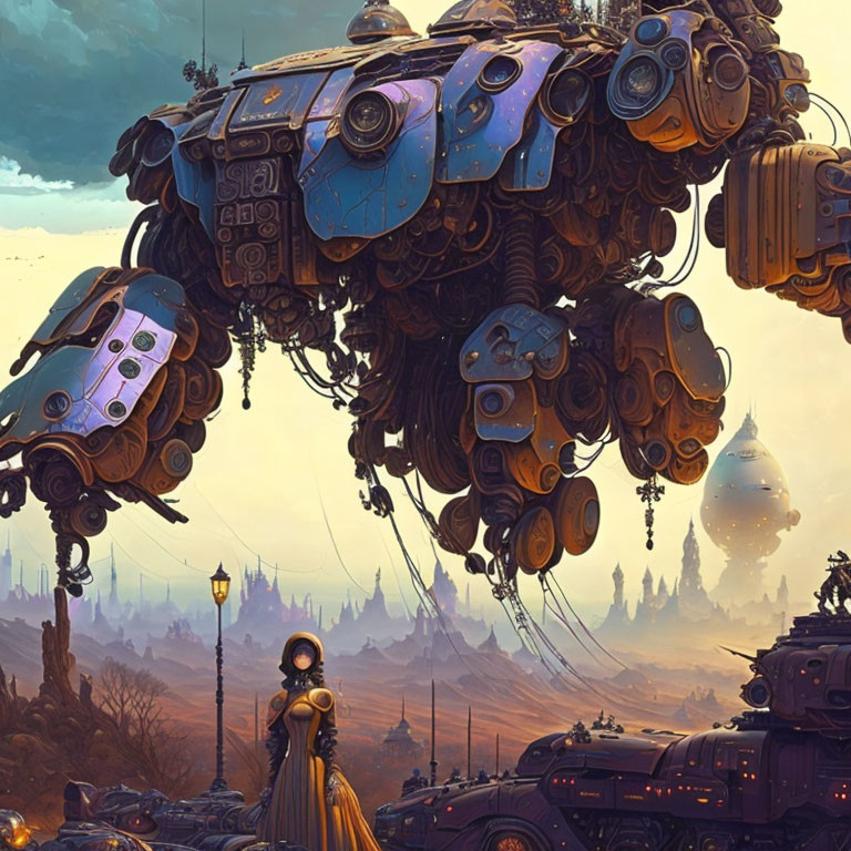 Giant floating robot with multiple appendages in futuristic cityscape at dusk