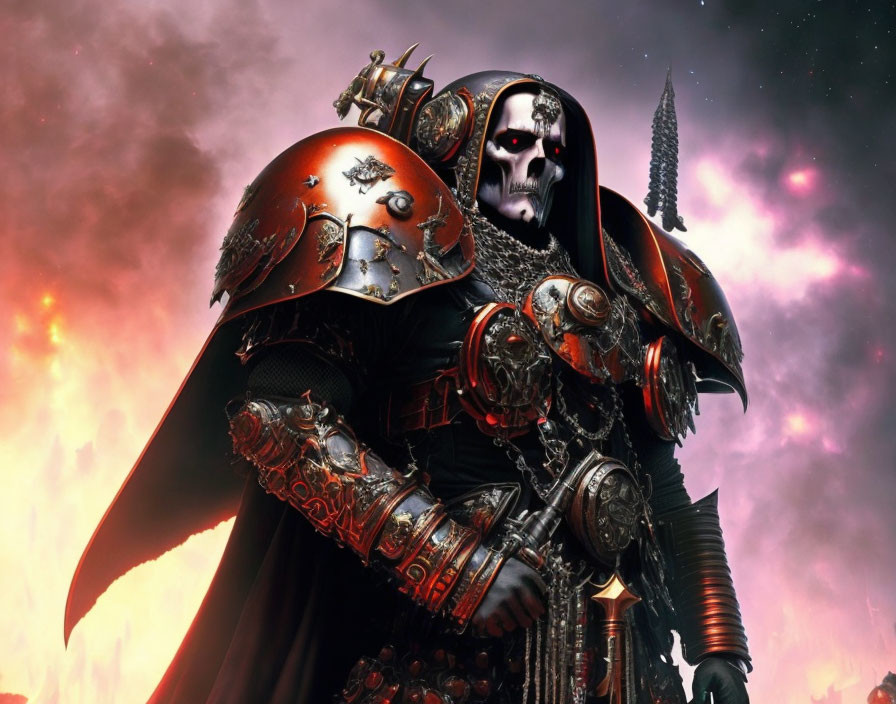 Armored figure with skull mask and cosmic backdrop.