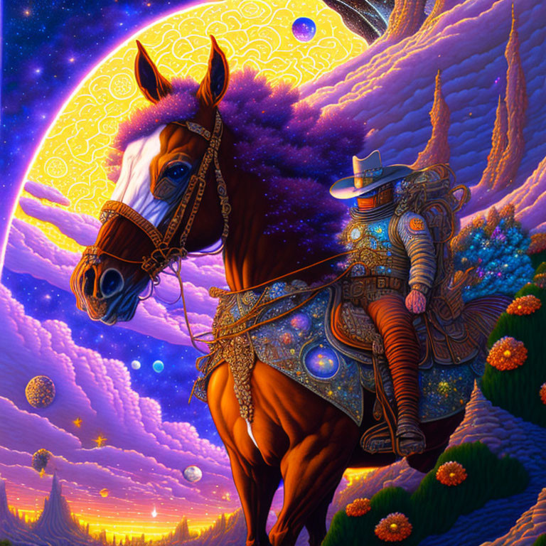 Vibrant cosmic painting: horse, astronaut, cowboy hat, stars, planets, swirling clouds