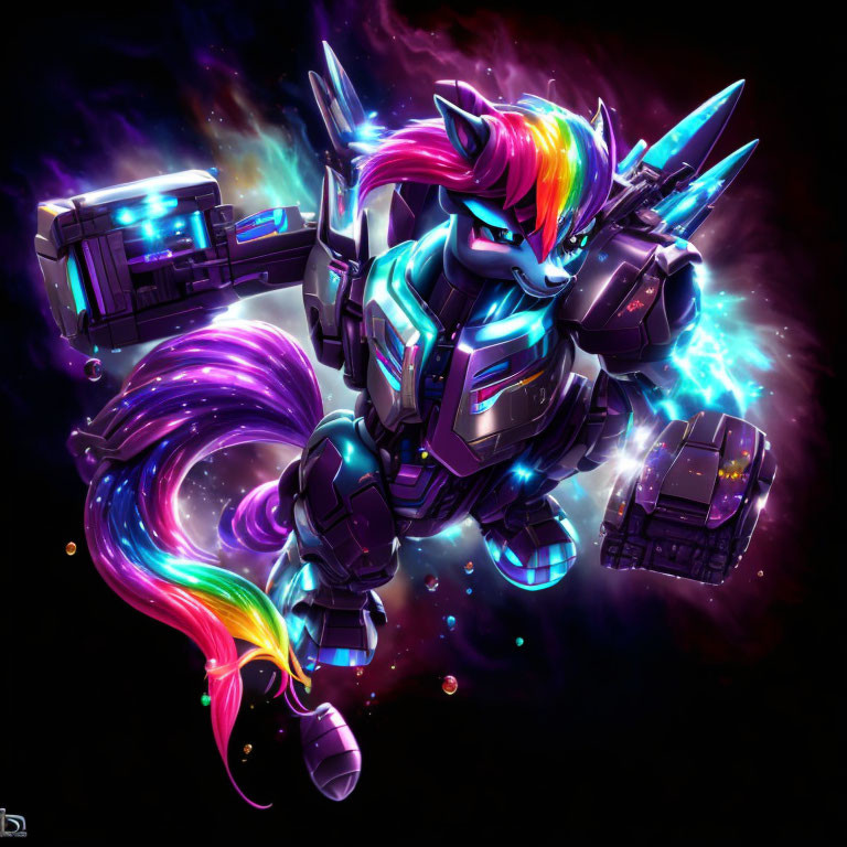 Colorful Robotic Unicorn with Rainbow Mane and Futuristic Weapons in Cosmic Scene