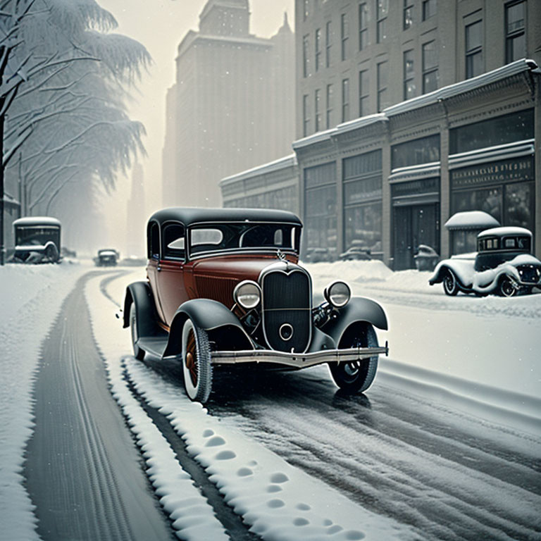 Classic Car Drives on Snowy City Street