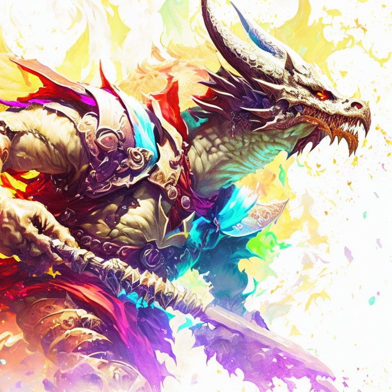 Colorful fantasy art of armored knight on dragon