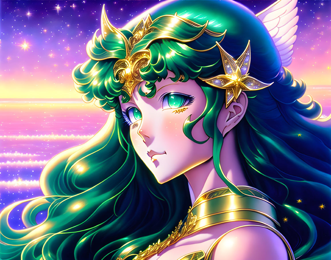 Green-haired character with tiara in cosmic anime-style illustration