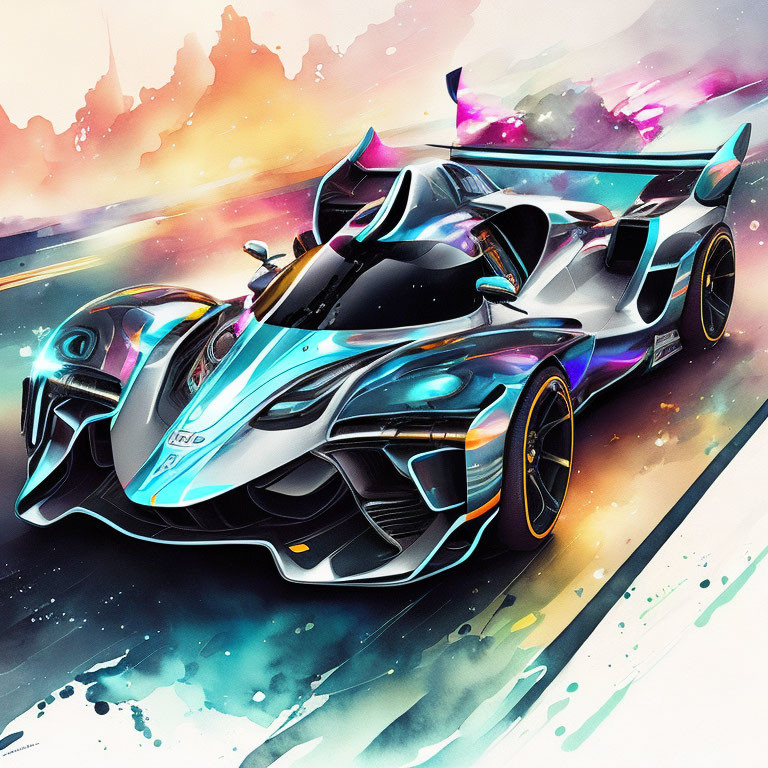 Futuristic race car with neon accents on colorful backdrop