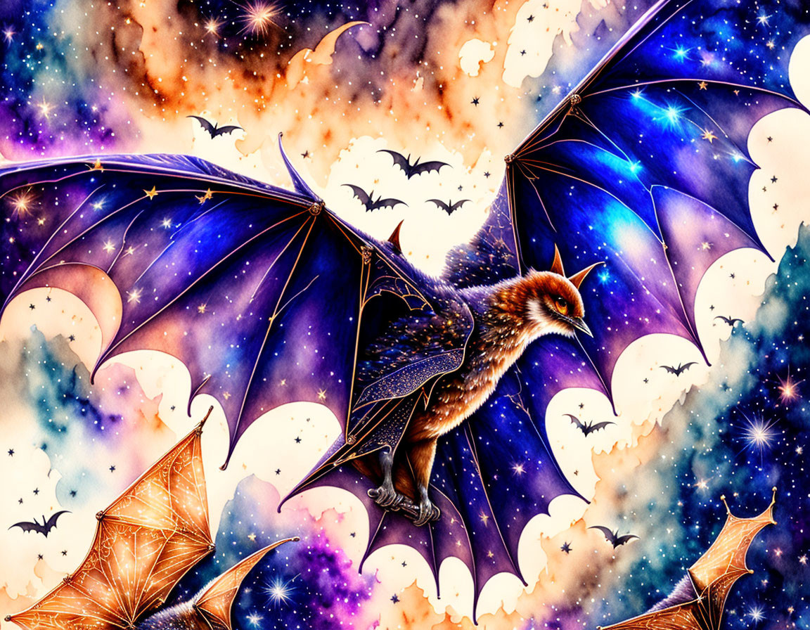 Fantastical artwork: Large bat with extended wings in starry sky