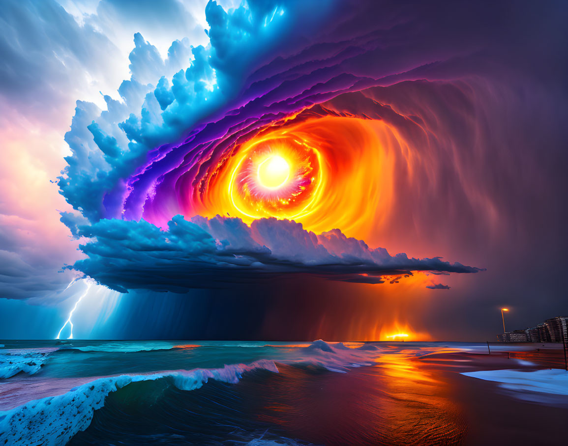 Colorful Cloud Formation and Lightning Over Beach at Sunset