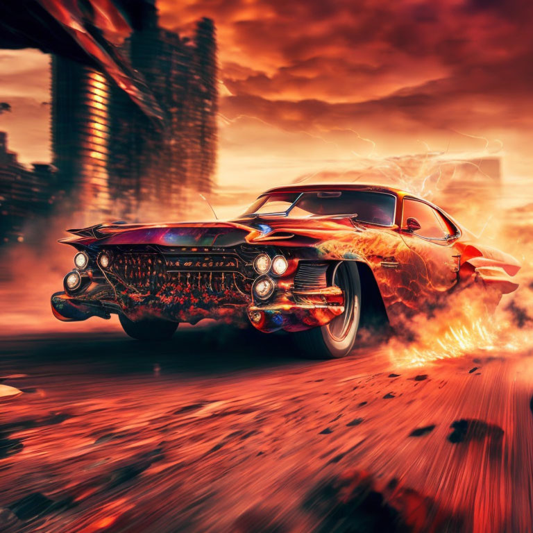 Vintage car with fiery effects speeds in futuristic cityscape at sunset