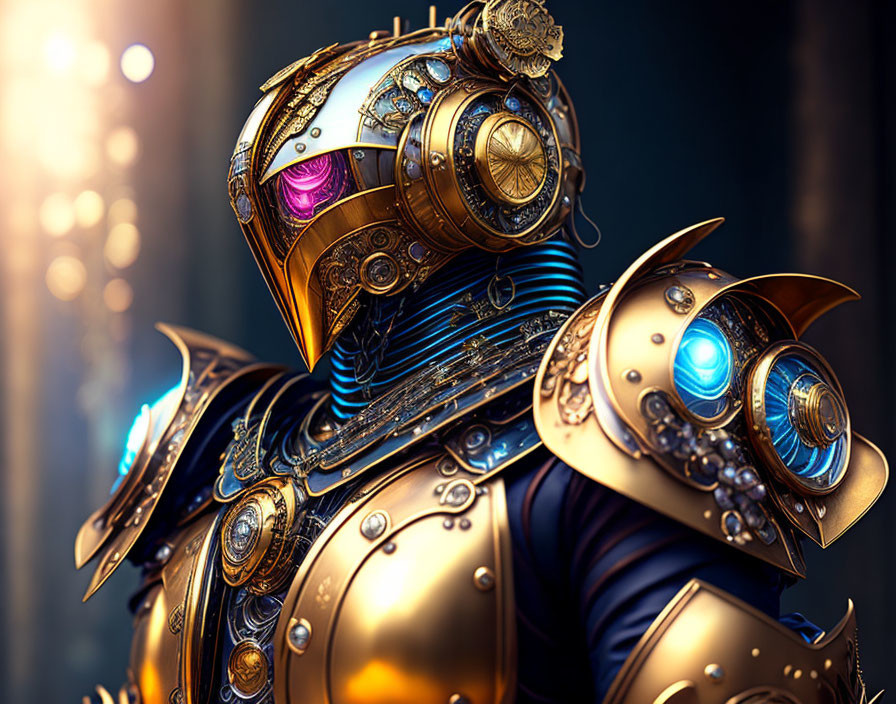 Detailed Steampunk Robot with Intricate Armor and Visored Helmet