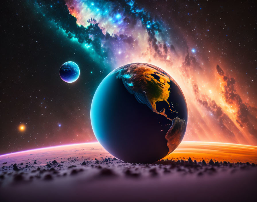 Colorful cosmic scene: Earth, moon, nebula, sunset