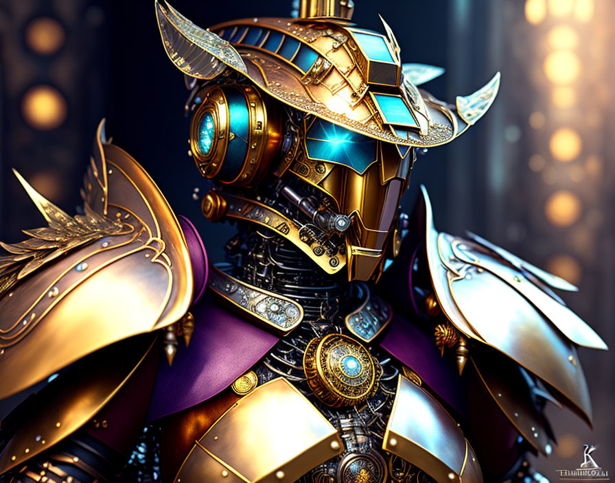 Intricate Golden and Purple Mechanical Knight with Glowing Blue Eyes