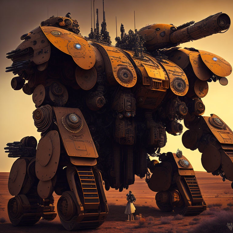 Gigantic armored robot with turrets in desert landscape