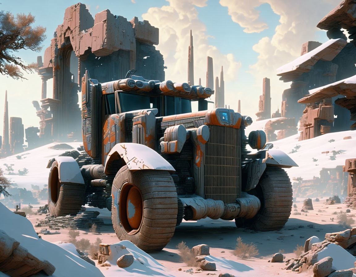 Futuristic semi-truck in desert with large tires