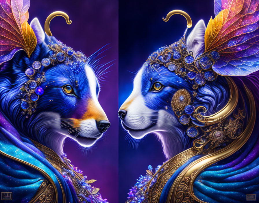 Vibrant fantasy foxes with ornate jewelry on purple background