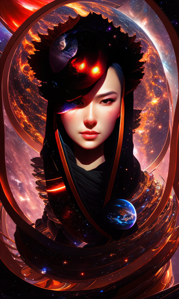 Digital artwork featuring woman with cosmic elements