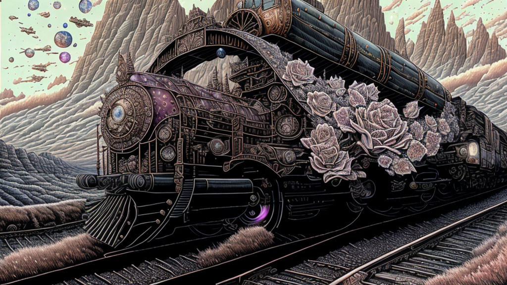 Fantastical steam locomotive with roses on rocky landscape under moonlit sky