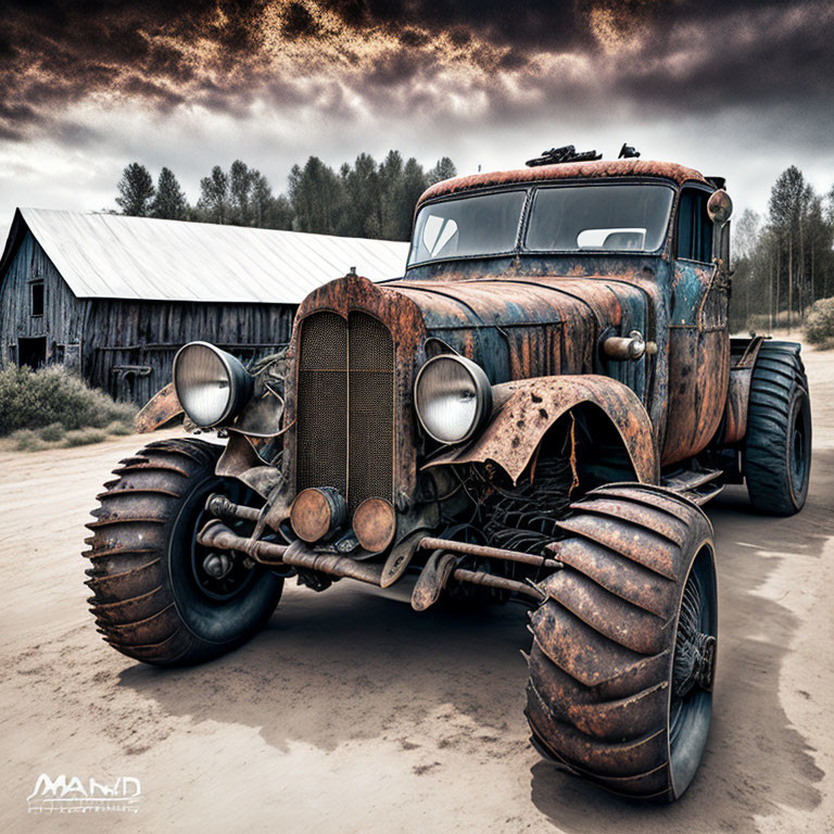 Vintage car with tractor tires outside old barn under cloudy sky