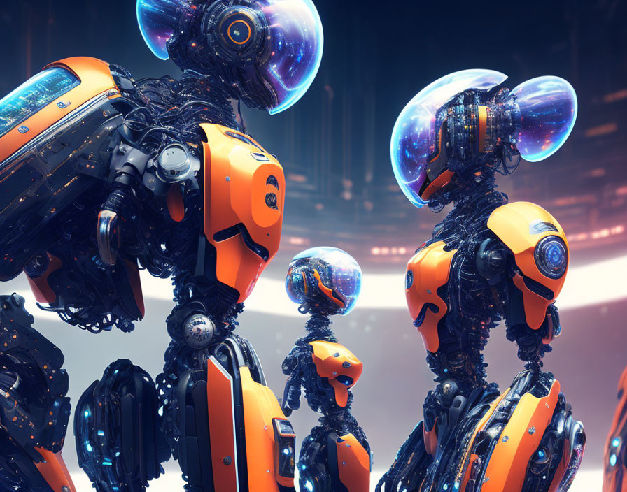 Futuristic orange and black robots with clear domed heads in intricate settings