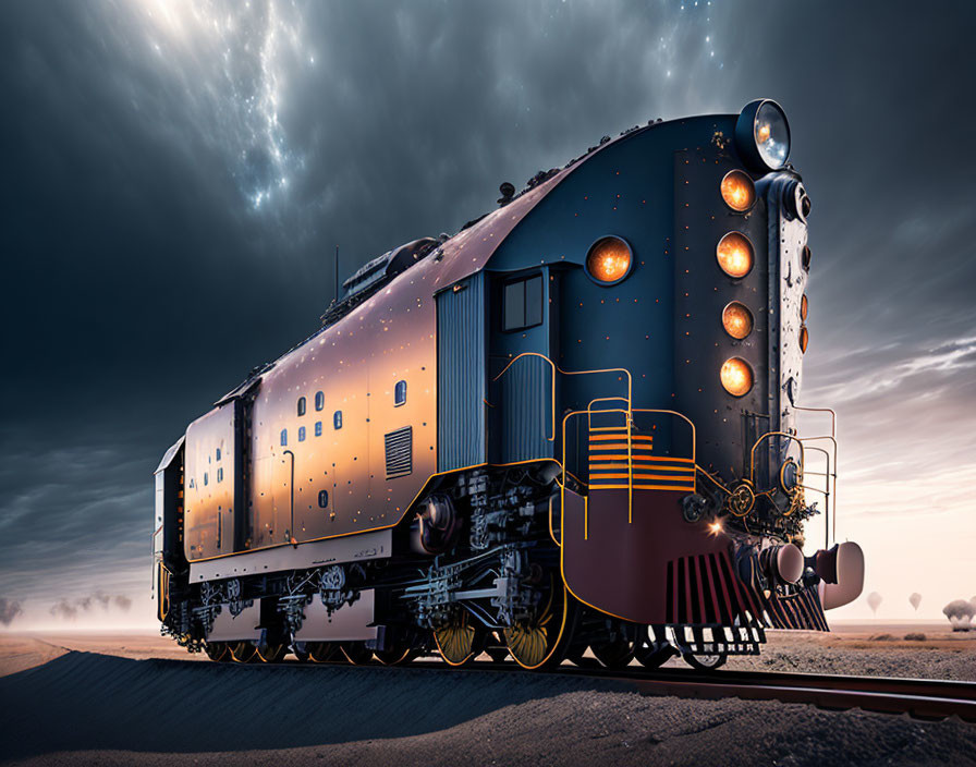 Vintage Train on Desert Tracks with Dramatic Sky & Surreal Lighting