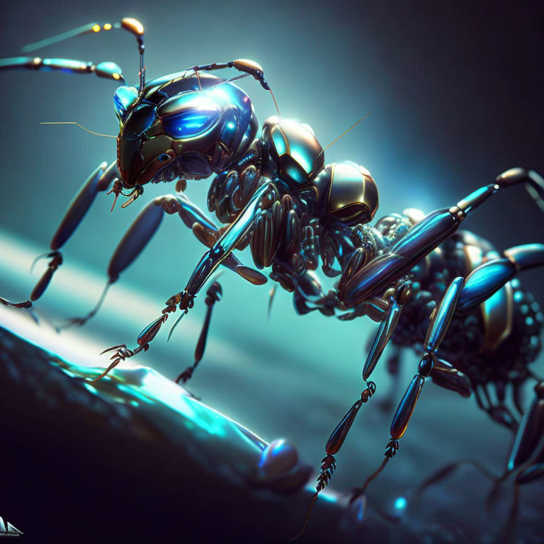 Metallic Robotic Ants Artwork on Moody Blue Background