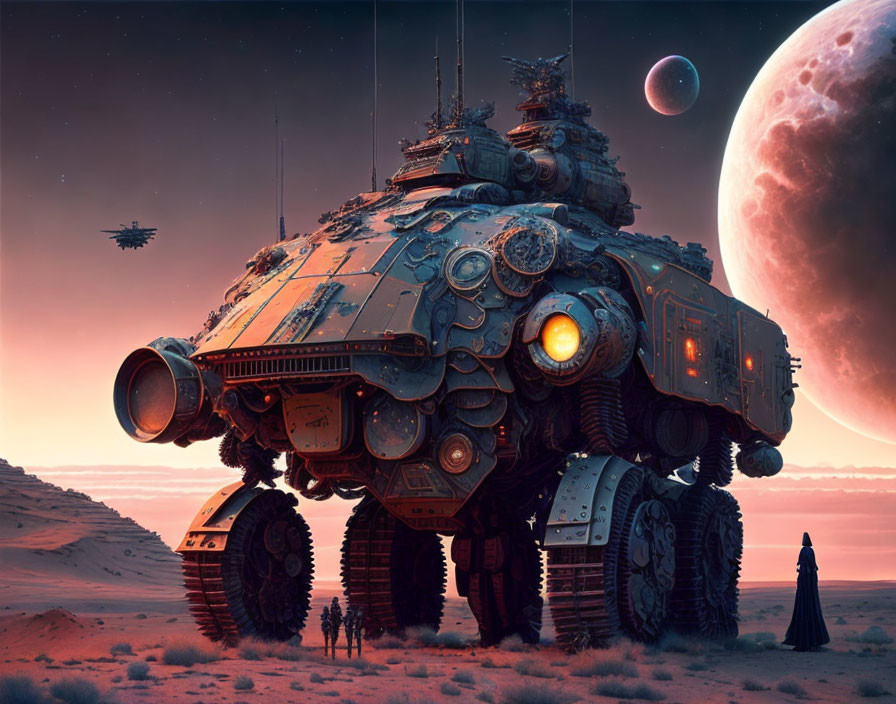 Gigantic futuristic walking tank in desert with moon and spacecraft.