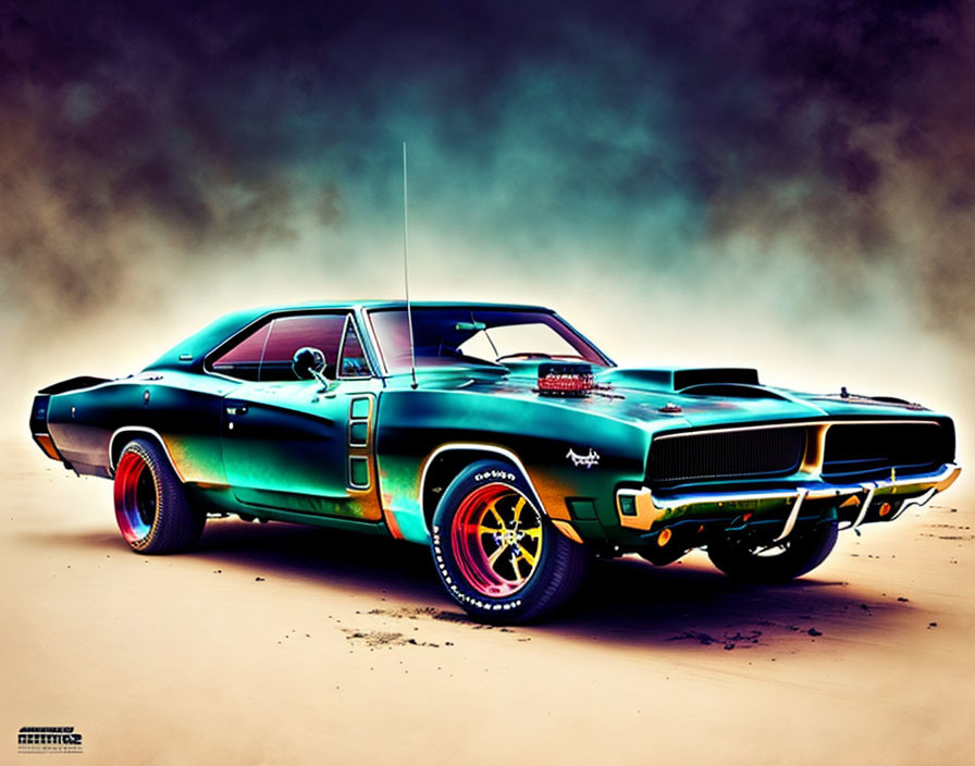 Teal and Black Vintage Muscle Car with Red-Rimmed Wheels