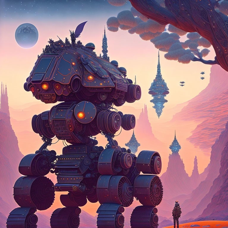 Giant robot carrying a house in alien landscape