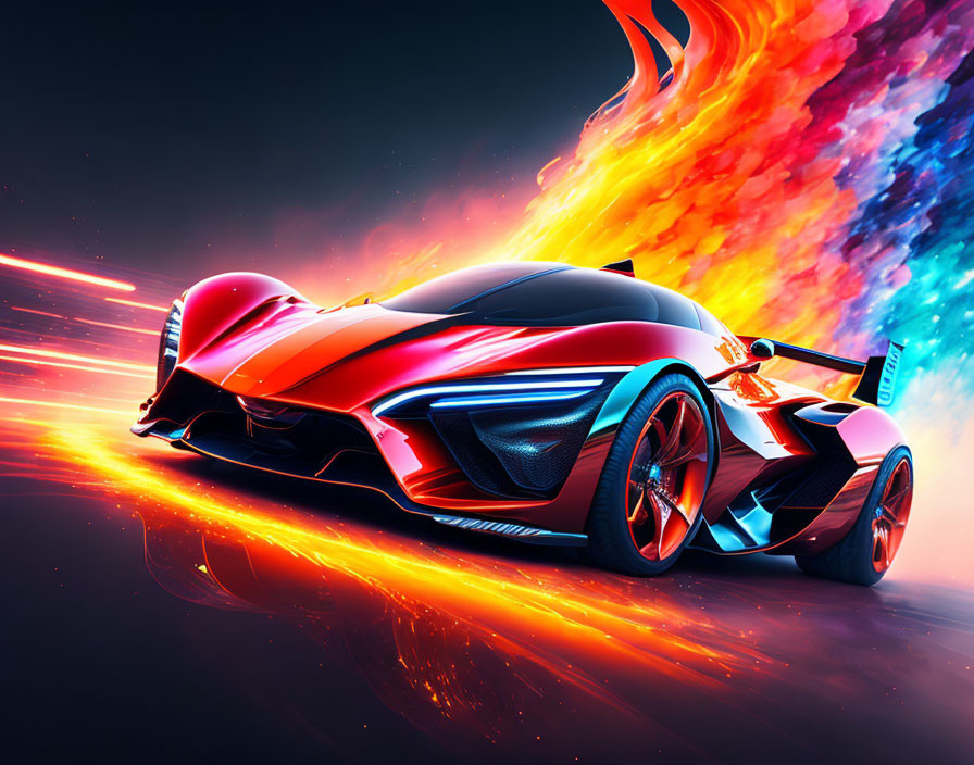 Dynamic red and black race car with flames and light streaks on abstract background