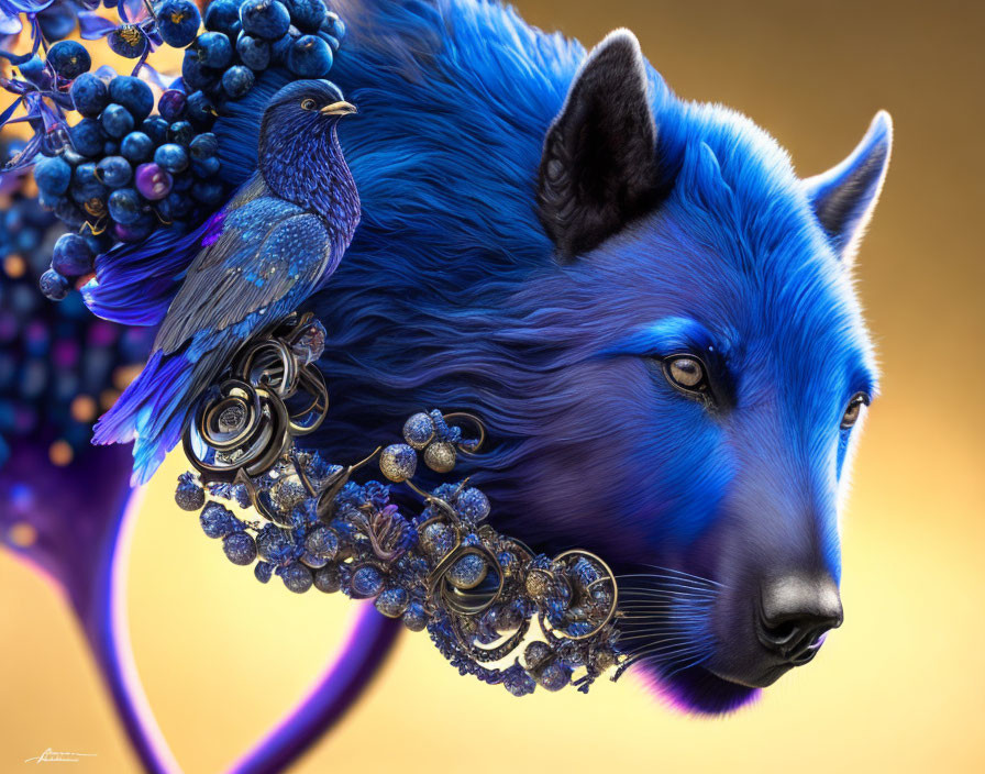 Blue wolf with mechanical parts and bird on fur on golden background