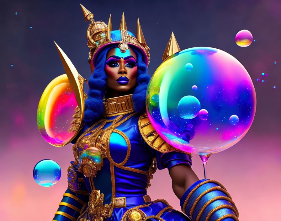 Person in Blue and Gold Armor with Crown and Staff on Purple Background