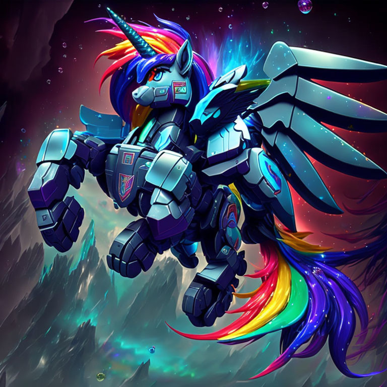 Colorful Robotic Unicorn with Rainbow Mane and Cosmic Background