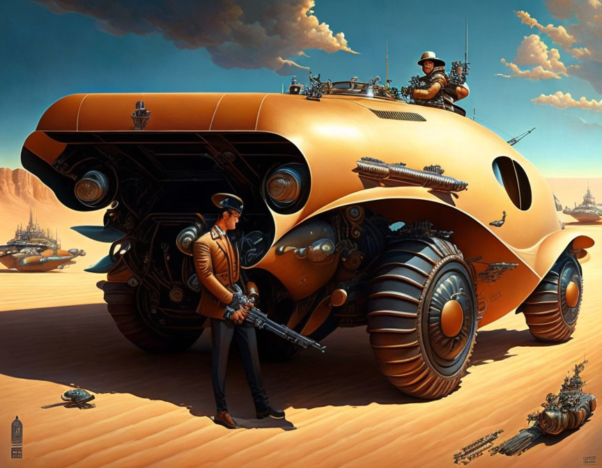 Retro-futuristic outfits by large wheeled vehicle in desert landscape