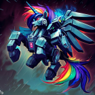 Colorful Robotic Unicorn with Rainbow Mane and Cosmic Background