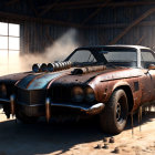 Rusty vintage modified car with large engine in sunlit barn