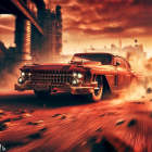 Vintage car with fiery effects speeds in futuristic cityscape at sunset