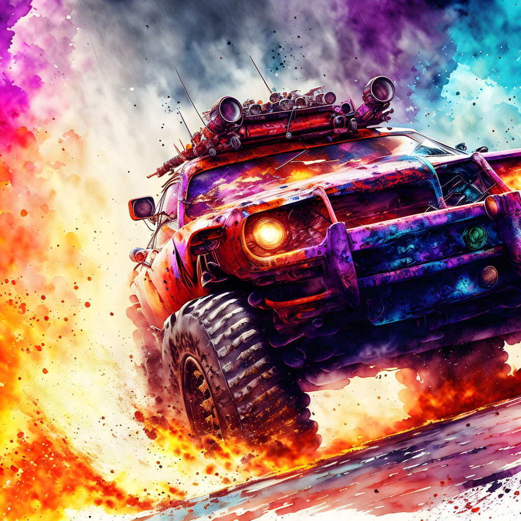 Customized off-road vehicle with oversized tires racing in vibrant, colorful dust swirls