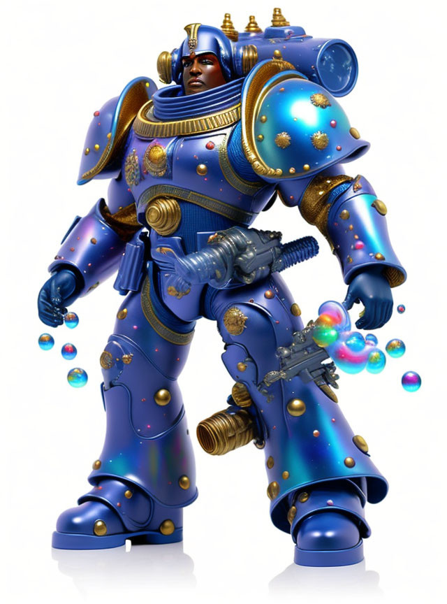 Illustrated character in blue power armor with celestial motifs and futuristic gun among bubbles.