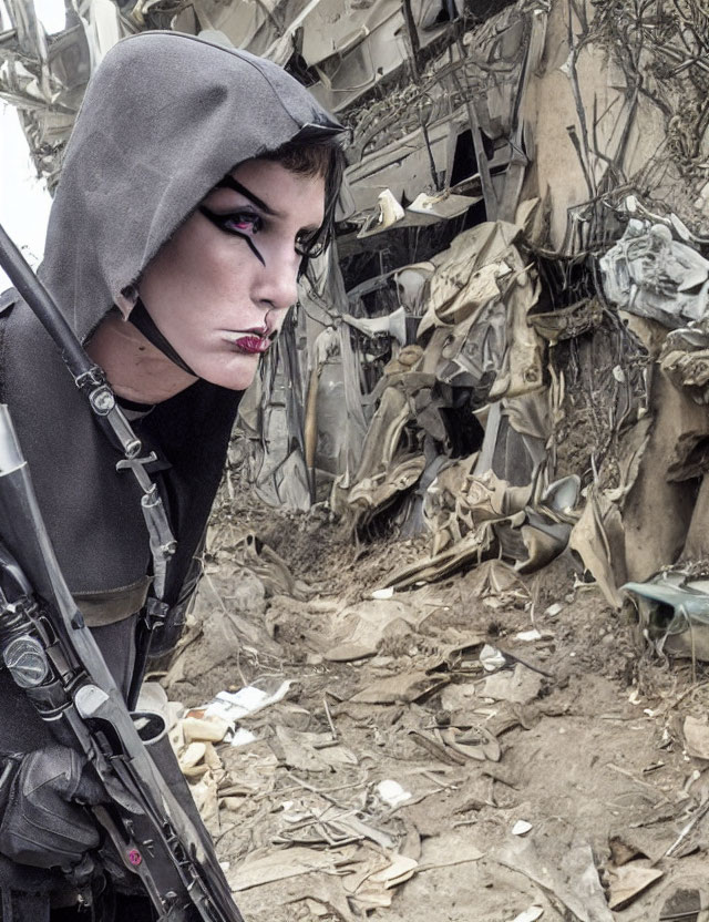 Person with dramatic makeup holding rifle in front of metallic wreckage